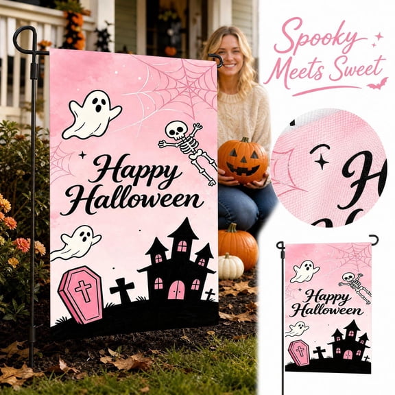 Halloween Garden Flag 18 Inch Pink Halloween Decor with Cute Ghost Skeleton Print for Outdoor Yard Porch Spooky Season Home Display, 1 Pack