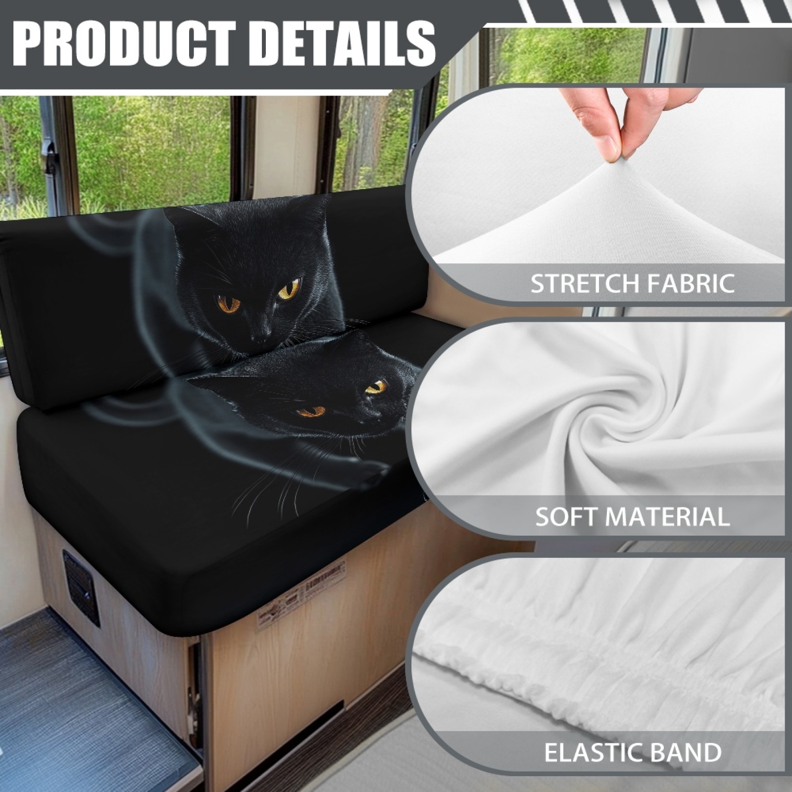 FORUDESIGNS Black Cat Pattern 2 pcs RV Dinette Cushion Covers Elastic Camper Seat Covers Dinette Booth Comfortable Furniture Protector for RV Camper Car Bench