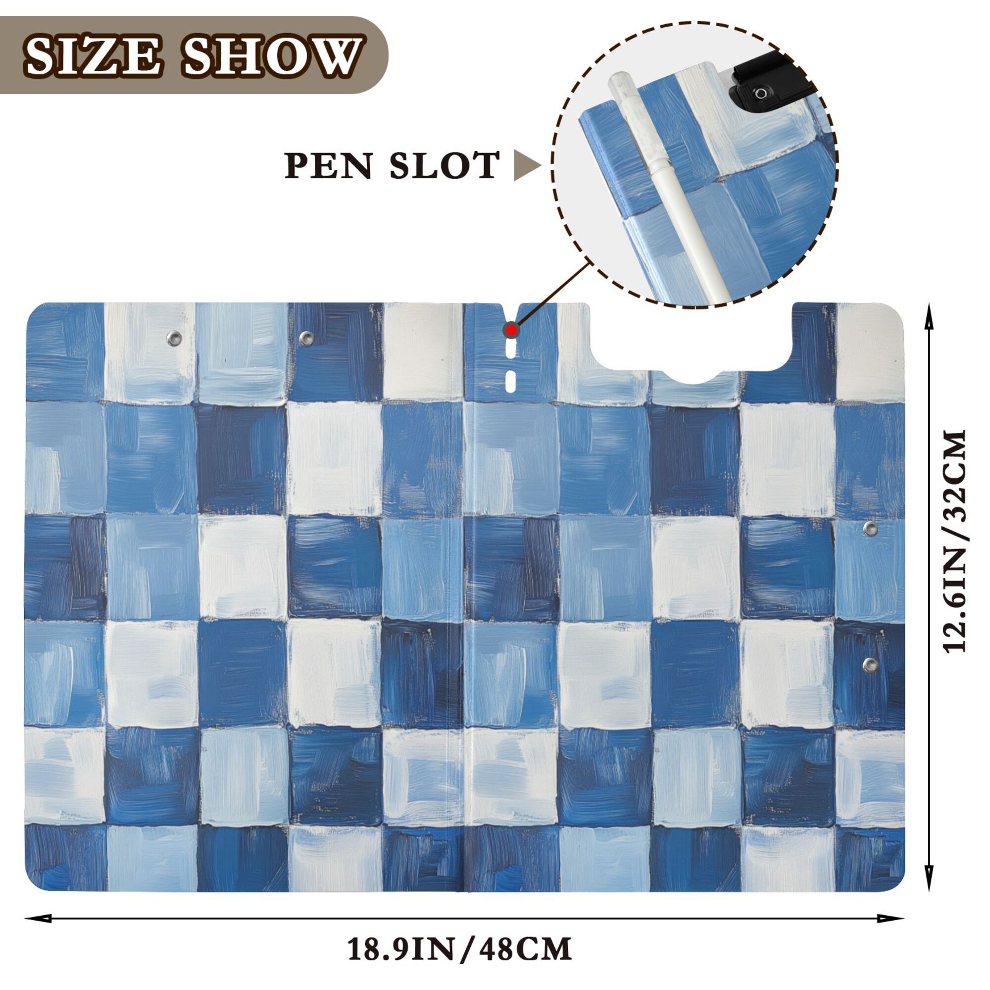 FORMRS A4 Clipboard Folder with Pen Holder Horizontal Foldable School Office Binder, Blue and Gray Plaid Pattern