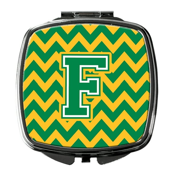 Letter F Chevron Green and Gold Compact Mirror CJ1059-FSCM