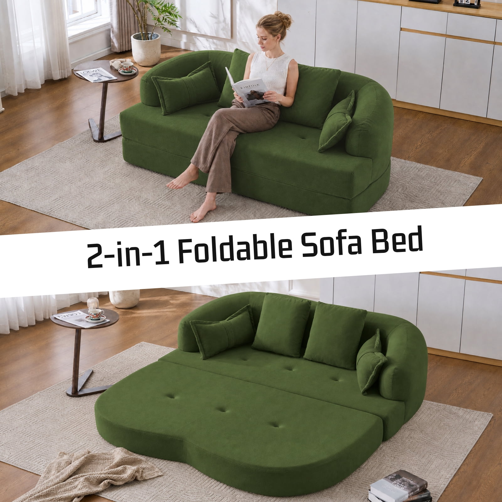 Lunale 70" Convertible Sofa Bed, 2-in-1 Sleeper Sofa, Chenille Boneless Couch for Small Spaces, Green