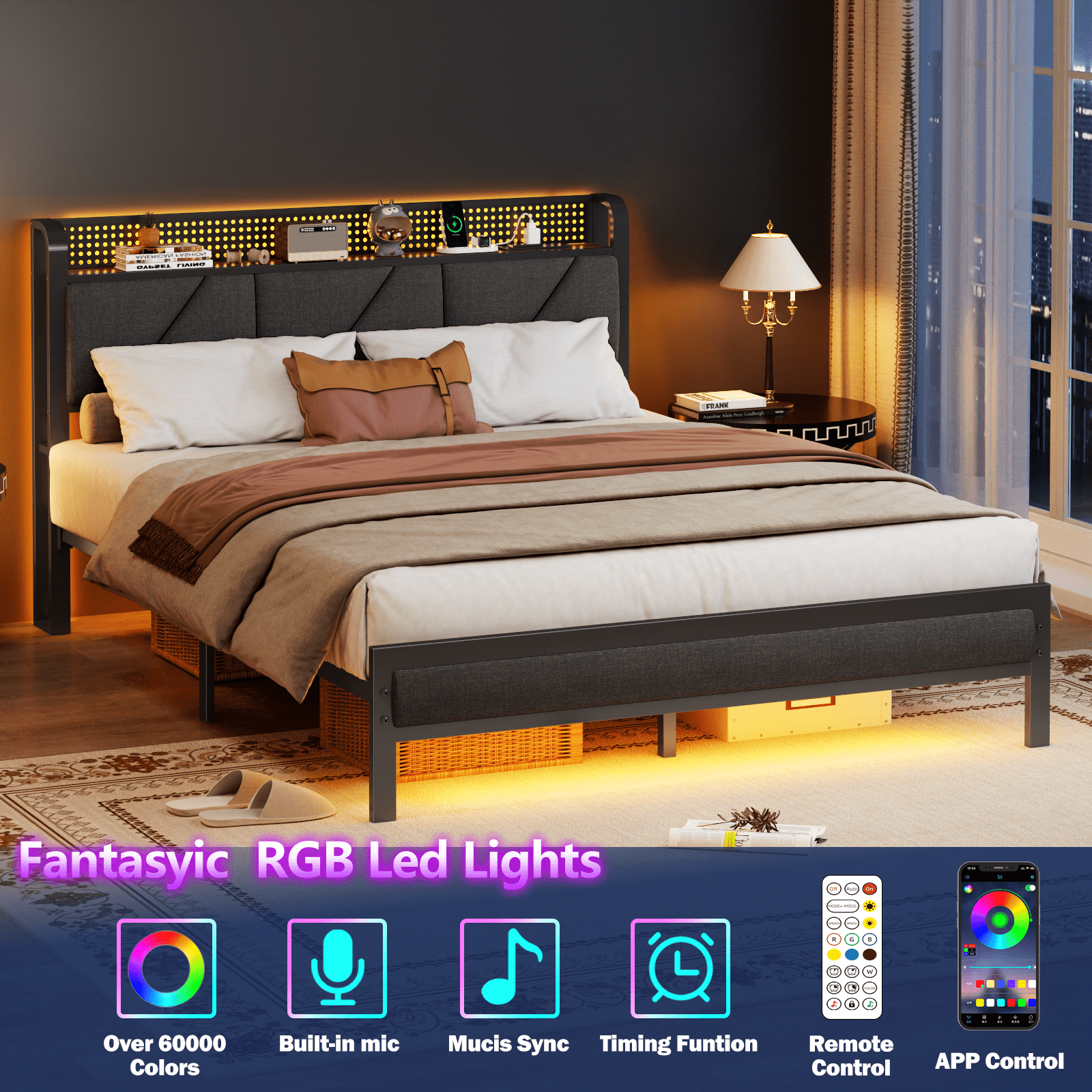 Satifur Queen Bed Frame with Upholstered Storage Headboard, Metal Platform Bed Station with Charging Station & LED, Noise-Free.No Box Spring Needed