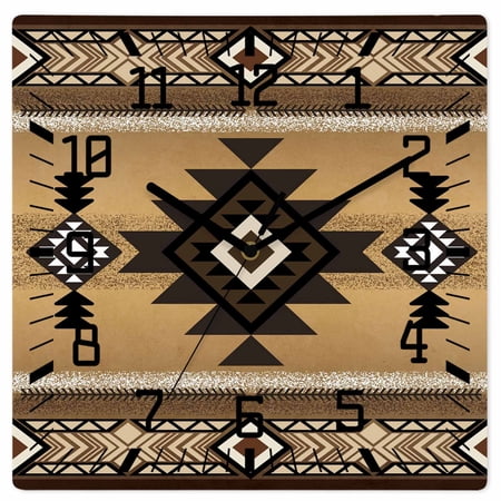 Brown Southwest Wooden Wall Clock Silent Non Ticking, Boho Aztec Ethnic Abstract Geometric Square Wall Clocks Battery Operated, Decor Clock for Home Office, Living Room, Kitchen, 12 Inch