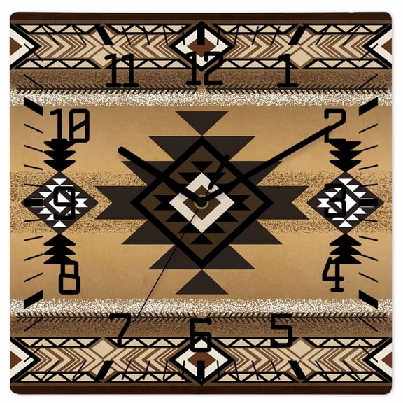 Brown Southwest Wooden Wall Clock Silent Non Ticking, Boho Aztec Ethnic Abstract Geometric Square Wall Clocks Battery Operated, Decor Clock for Home Office, Living Room, Kitchen, 12 Inch