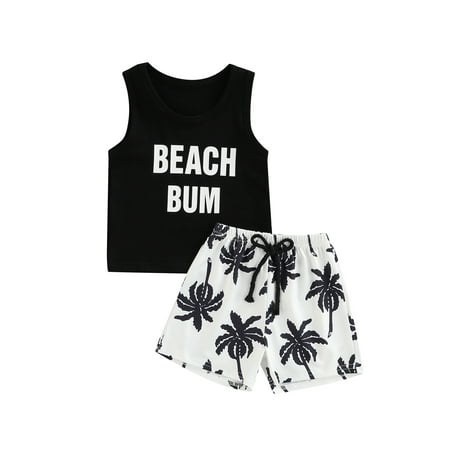 

ZIYIXIN Summer Toddler Boy Clothes 2pcs Short Sleeve Letter Print Sleeveless Tank Tops + Tree Pattern Shorts Sets Black 2-3 Years