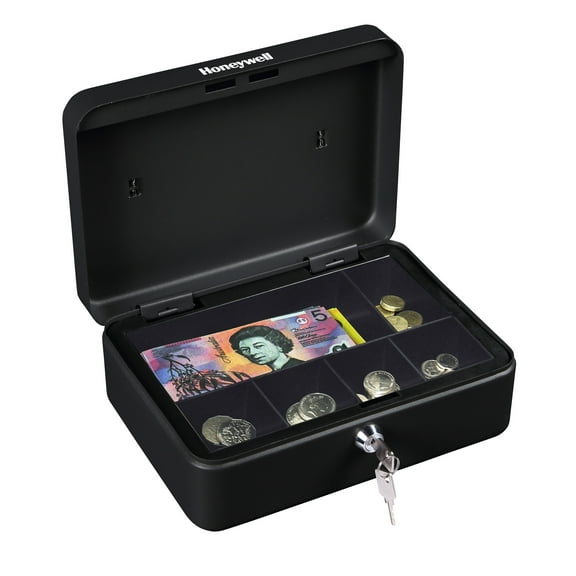 Honeywell Standard Security Steel Cash Box, Money Box with Key Lock and Carry Handle, Black, 6112