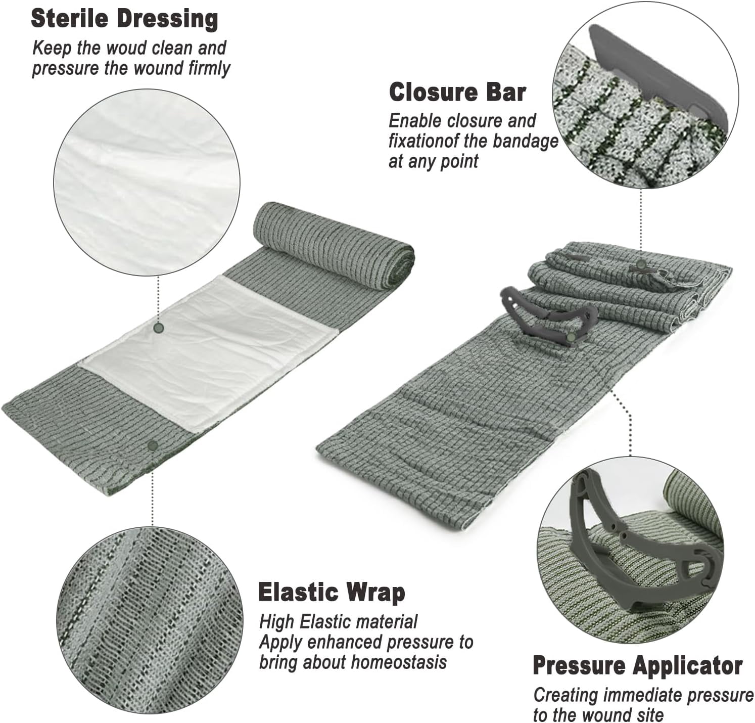Upgrade Israeli Style Emergency Bandage, 8Pack 6 Inch Compression Bandage for Emergency Wound Dressing, First Aid and IFAK Trauma Kit