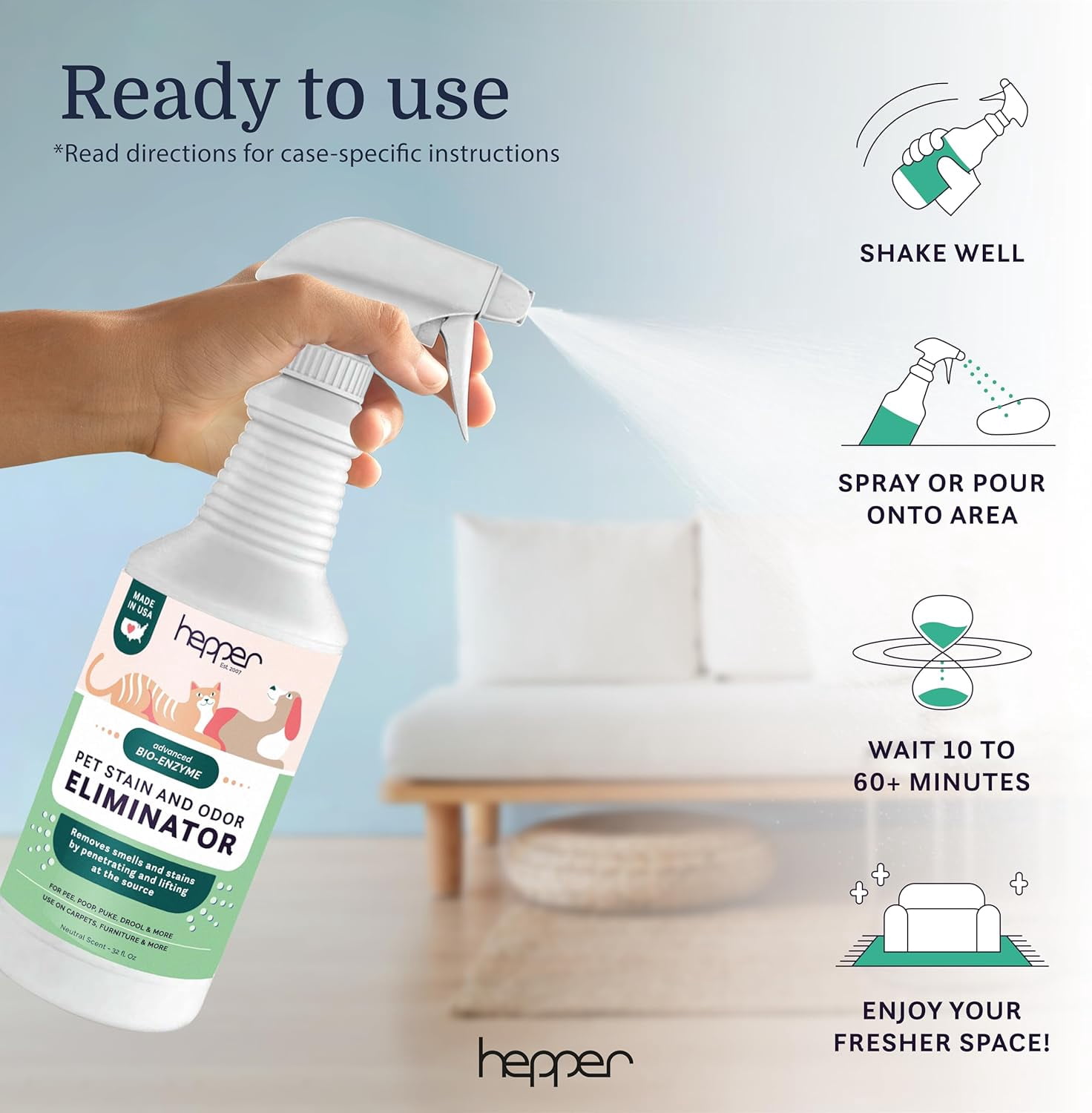 Advanced Bio-Enzyme Pet Stain & Odor Eliminator Spray - Smell, Stain & Urine Remover for Cats, Dogs & Other Animals - 32oz Spray Safe for the Home - Neutral