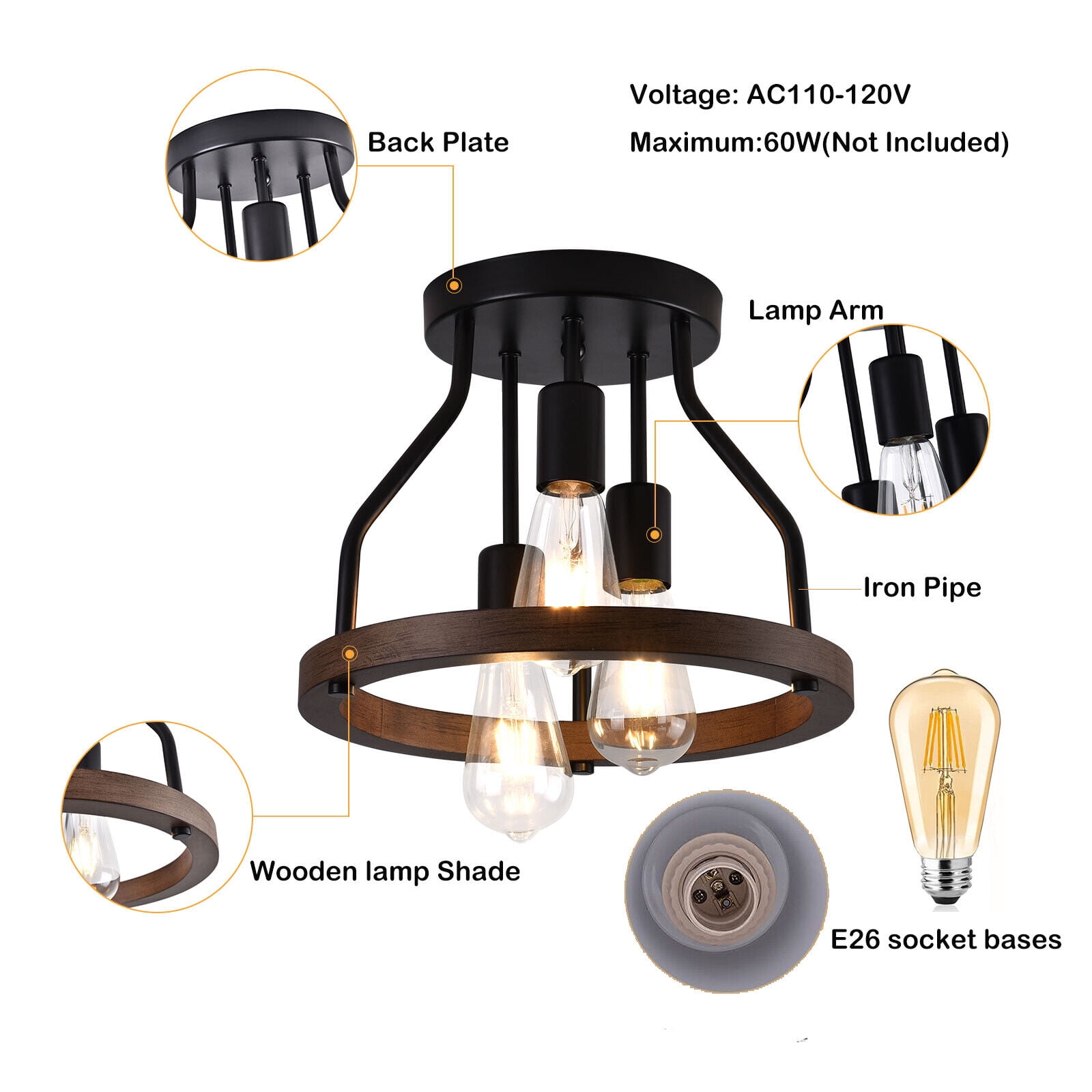 Farmhouse Flush Mount Ceiling Light, 2-Light Rustic Industrial Wood & Black Metal Fixture, E26 Socket, Dimmable, 12.6" for Kitchen, Dining Room, Hallway