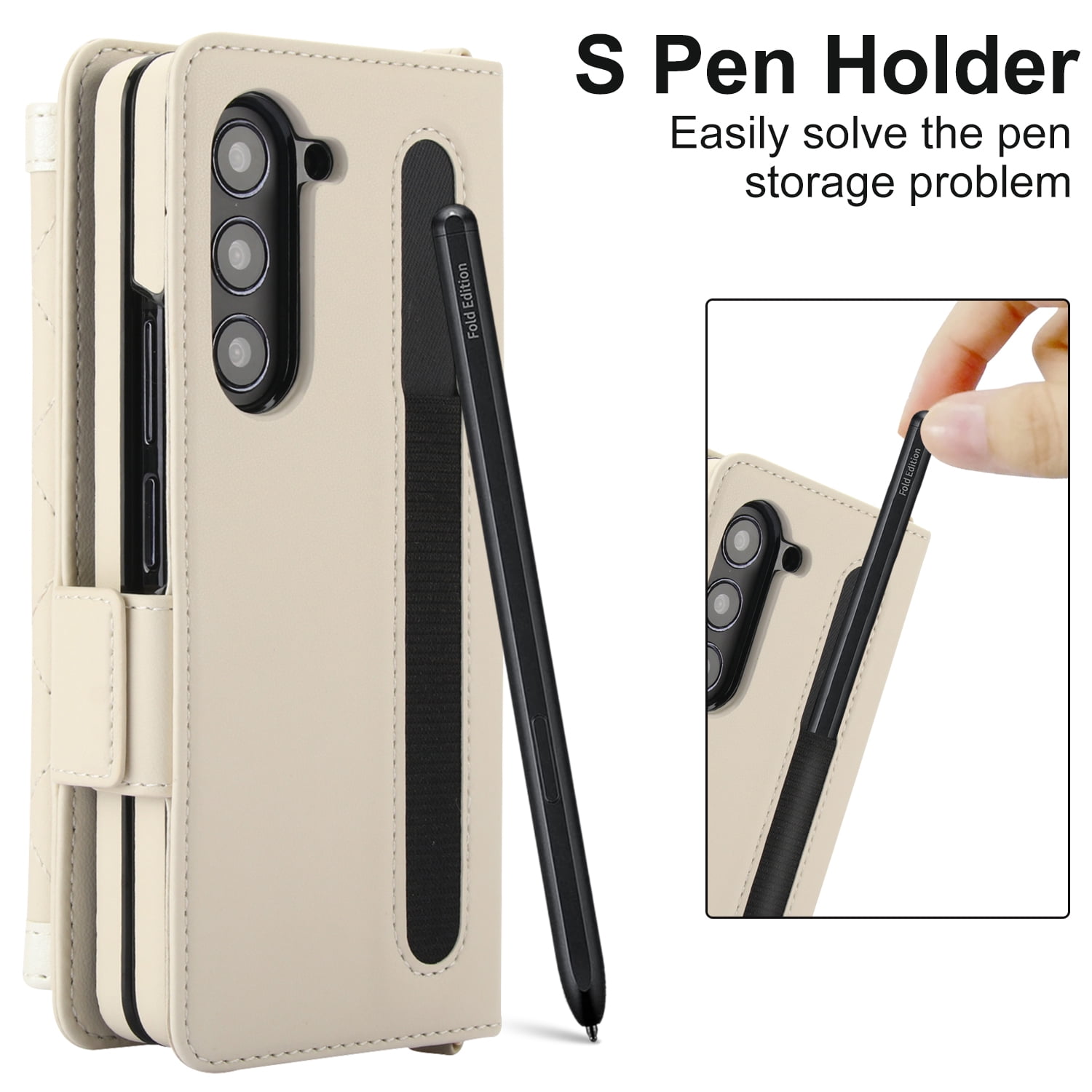 for Samsung Galaxy Z Fold 4 Case Wallet with S Pen Holder for Women, 12 Card Holder & 2 Cash Pocket & Shoulder Strap & Wristlet Flip Stand PU Leather Phone Case with RFID Blocking, Beige