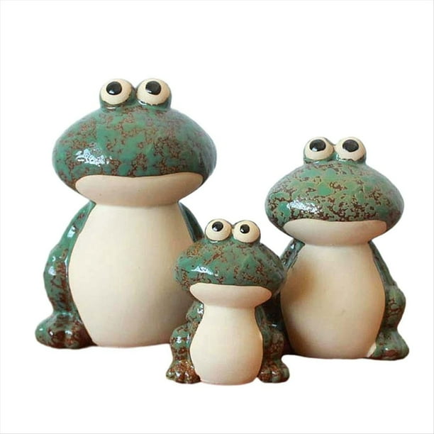 3 Piezas Figuras de la Familia de Ranas Estatua de Rana Figura de Rana de Cerámica en Miniatura Adorno de Rana Animal para Estantería Verde
