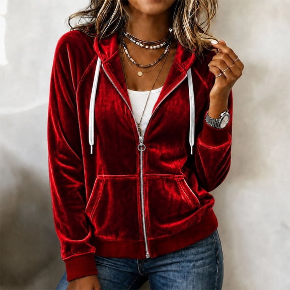 Caywon Women's Velvet Zip Up Hoodie Long Sleeve Drawstring Hooded Jacket with Pockets Stretch Velour Casual Sweatshirt