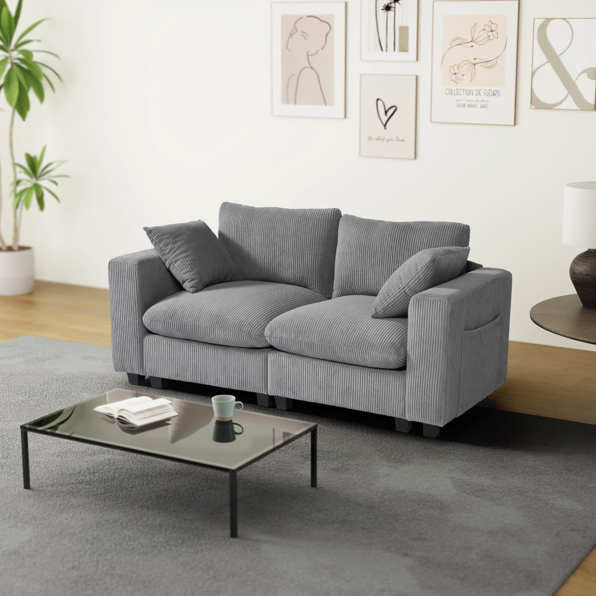WestinTrends Hearthside 70" Modular Corduroy Loveseat Sofa With USB/Type-C Ports and Side Pockets, Gray