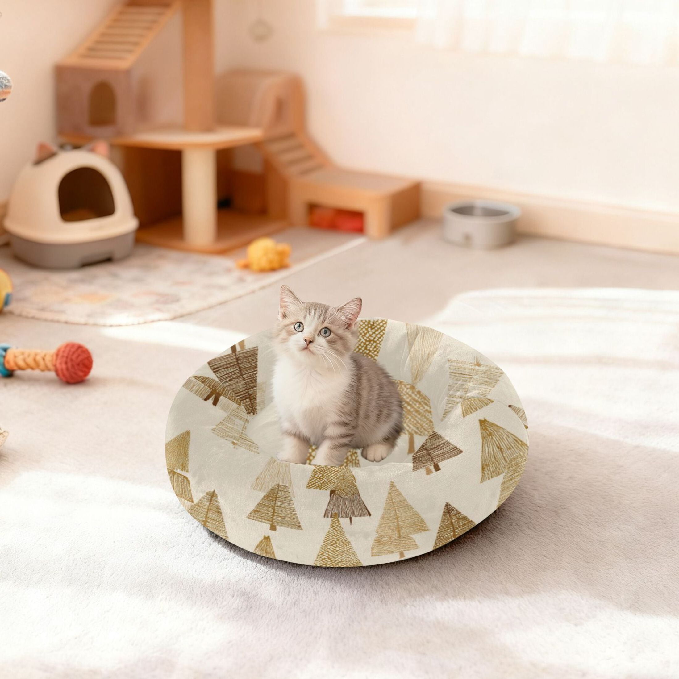 Iauyy Pet Couch Donut Cat Bed for Indoor Cats/Small Dogs Washable & Machine with Non-slip Bottom Calming Cat Furniture, Beige and Gold (M)