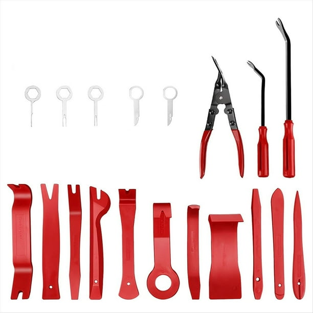 Herramienta de Extracción de Molduras de 19 Piezas, Alicates de Clip para Automóvil, Juego de Herramientas de Palanca de Plástico para Panel/Tablero de Automóvil, Color Rojo.