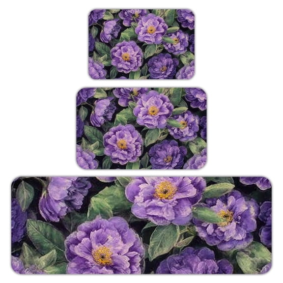 RKSupls Kitchen Rug Set 3 Piece Anti-Slip Flannel Floor Mats, Purple Peonies Pattern Washable Absorbent Runner Mats for Kitchen Bathroom Home Decor