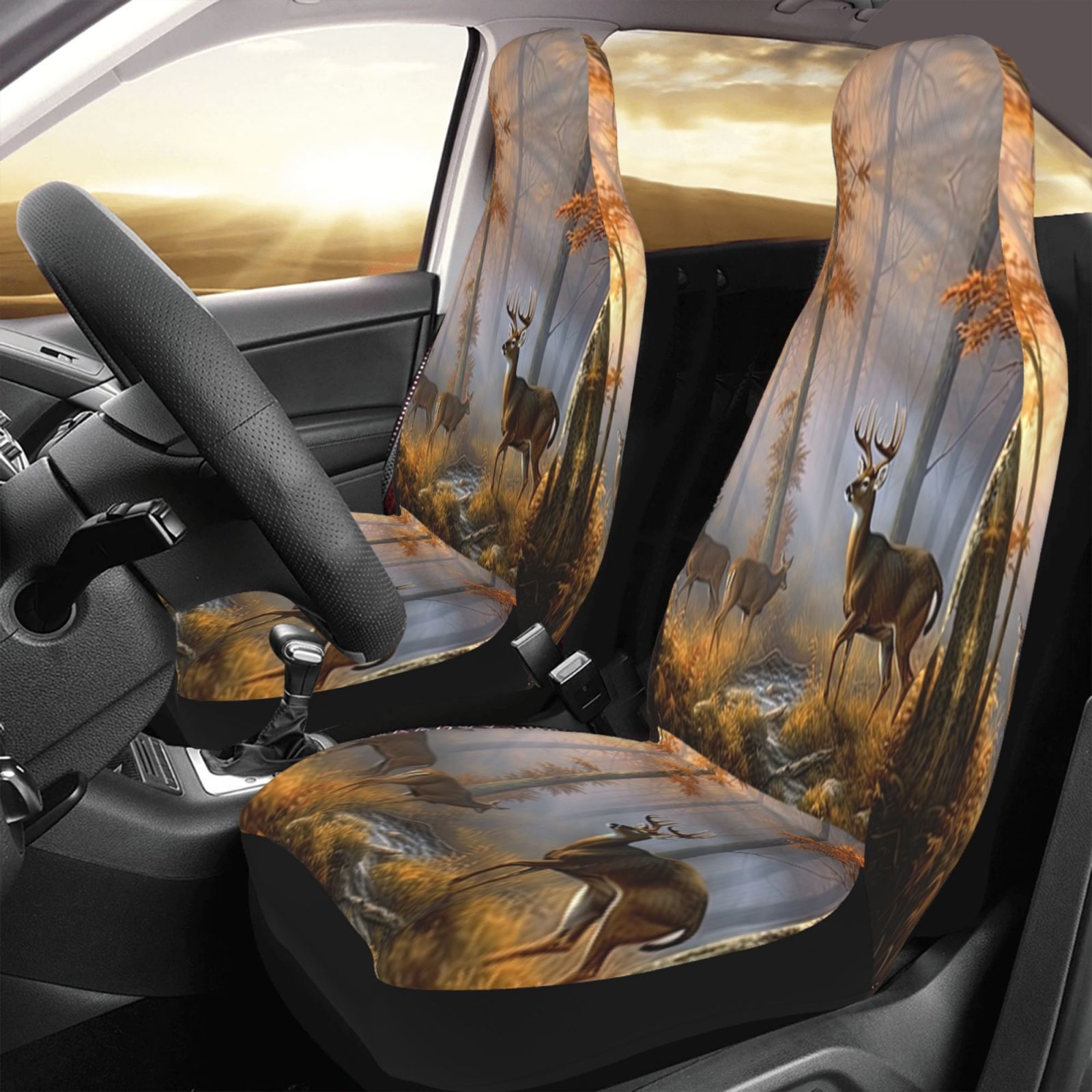 KAKALAD Autumn Deer Dreamy Misty Forests 04 Car Seat Covers Set Vehicle Front Seats Protector 2 Pcs