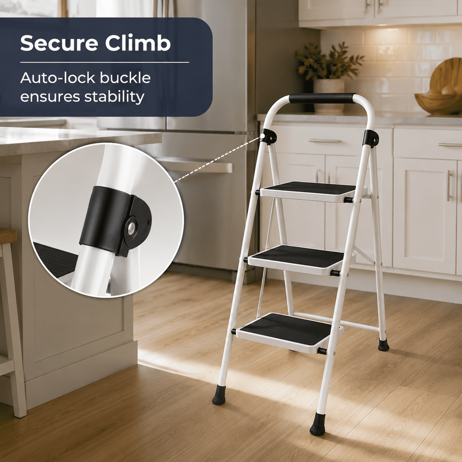 Alvantor 2/3-Layer Steel Step Ladder with Handrail and Wide Anti-Slip Pedals, Space-Saving, Portable for Home and Office Use