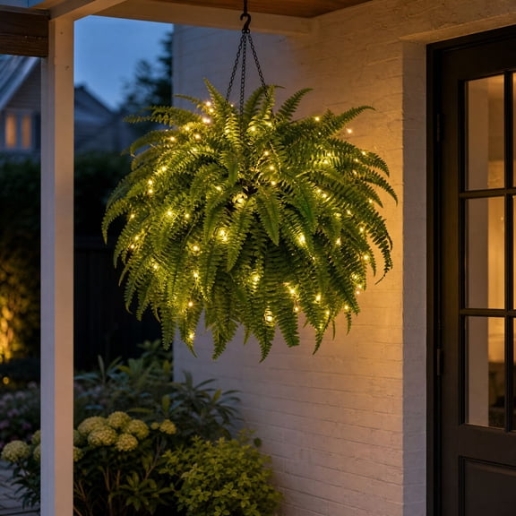 Artificial Hanging Boston Fern Plant with LED String Lights, Faux Greenery Ivy Basket for Home Office Living Room Garden Indoor Outdoor Decor, 24 Inch