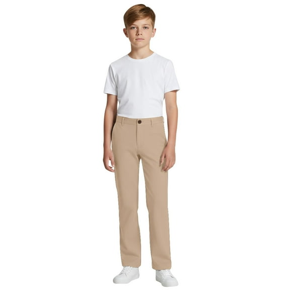 SonxaHe Little Boy Uniform Pants Flat Front Zipper Active Pants Children Stretchy School Casual Trousers Beige,Sized 5-6