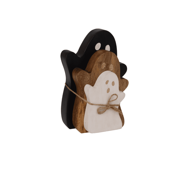 Wooden Ghost Decoration Set, 3 Pieces Black Natural White Freestanding Wooden Figures, Rustic Farmhouse Tabletop Ornaments for Mantel Shelf and Home Decor Display