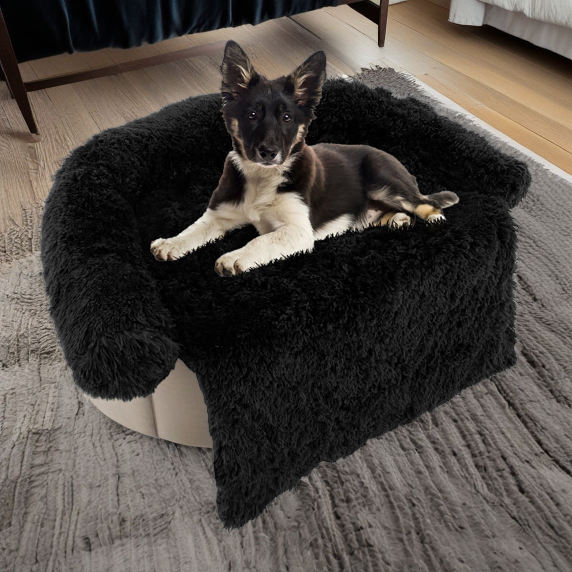 Kadyn 44" Dog Bed for Couch, Calming Dog Beds for Large Dogs, Fluffy Plush Bed for Pets, Anti Anxiety Dog Bed with Removable Cover, Black-M