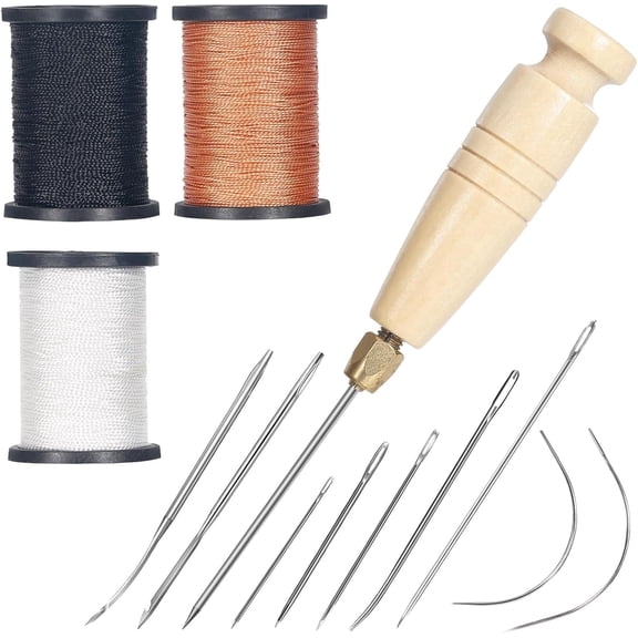 3-Spool Nylon Thread Sewing Kit, 80 Yards Each, Heavy Duty Needles (5 Straight, 2 Curved), Sewing Awl, Ideal for Upholstery, Leather, Shoes and DIY Crafts