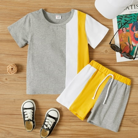 

GRNSHTS Toddler Baby Girl Boy Outfits Color Stitching Crew Neck Short Sleeve T-Shirt Tops+ Elastic Shorts Summer 2Pcs Sets 2-3 Years