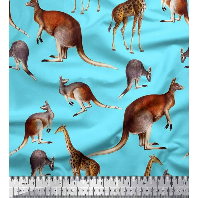 Soimoi Blue Poly Georgette Fabric Kangaroo & Giraffe Animal Print Fabric by Yard 42 Inch Wide