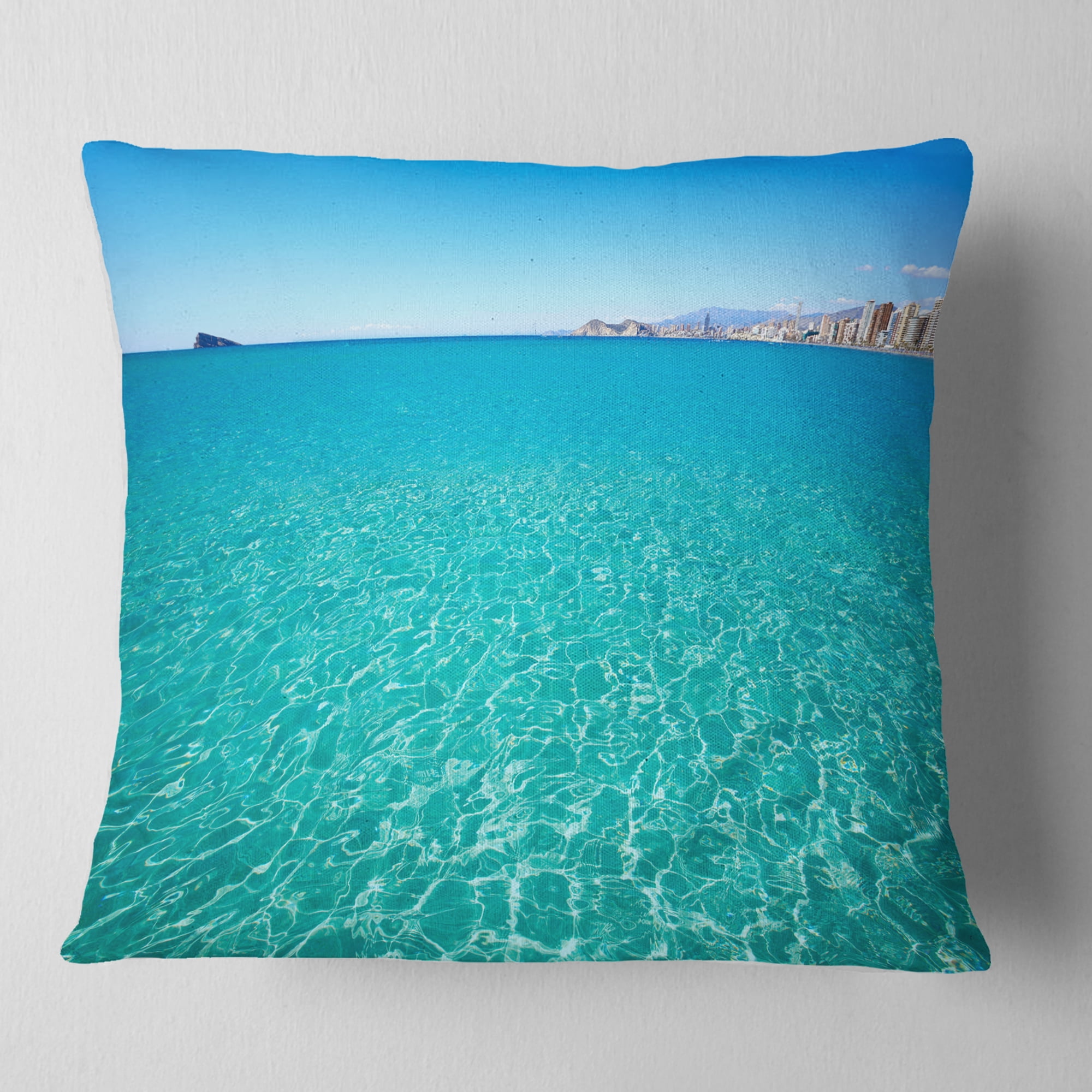 Designart Blue Benidorm Levante Beach - Seascape Throw Pillow - 18x18