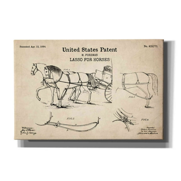 Epic Graffiti "Lasso for Horses Blueprint Patent Parchment" Giclee Canvas Wall Art, 18"x12"