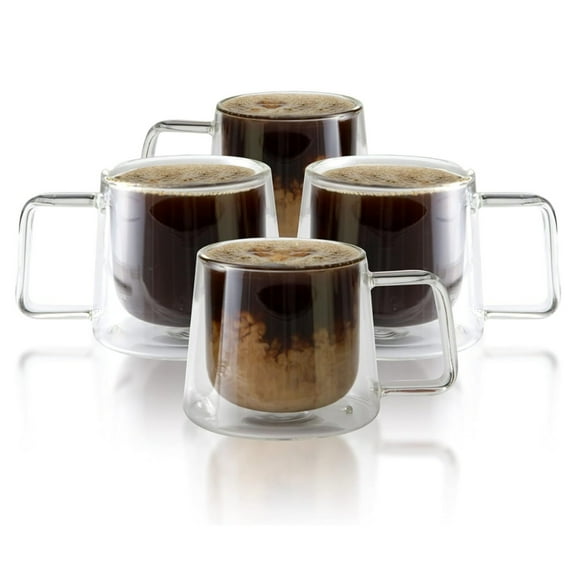 Double Walled Glass Coffee Drink Mug with Handle - Set of 4 - 8.5oz
