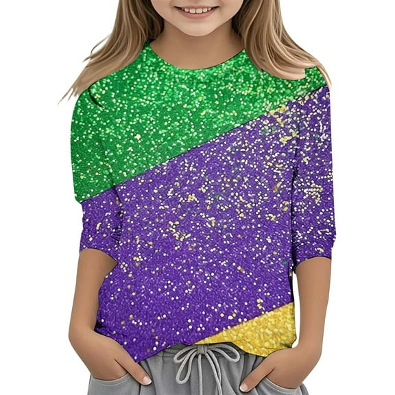 Little Kid Children's Leisure Carnival Print O Neck Loose 3/ 4 Sleeves Quarter Sleeve T Shirt Top Thermal Top Kids Cold Shoulder Tops for Little Girls Big Girls Tops Teen Girl 3-4 Years Purple