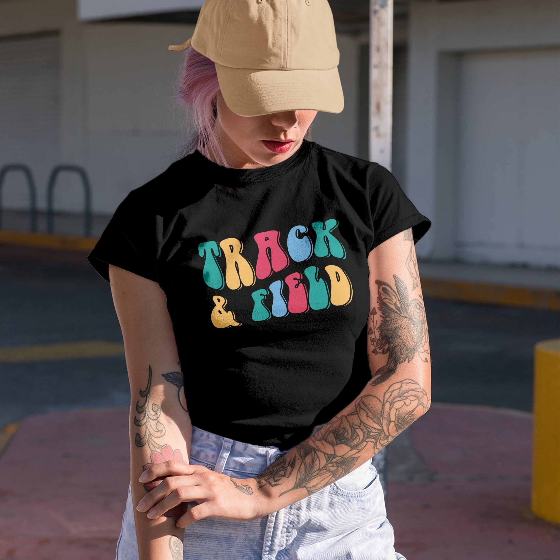 Track & Field, Sports or Athlete Themed, Groovy Retro Wavy Text Merch Gift, Black T-Shirt, XL