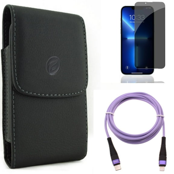 Case Belt Clip & Privacy Screen Protector & Purple 10ft PD Cable for iPhone 13/Pro - Combo with Leather Holster Cover & Tempered Glass Curved Anti-Spy & USB-C Extra Long Cord Fast Charger