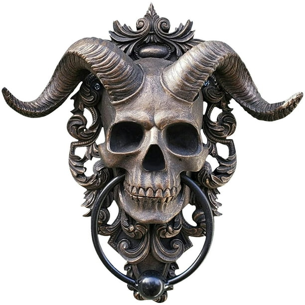 Xihbxyly Cabeza de Esqueleto de Halloween, Colgador de Puerta de Resina Único, Diseño Intrincado de Calavera y Patrón, Fácil Instalación, Decoración Espeluznante para El Hogar, Perfecto para Hallowee