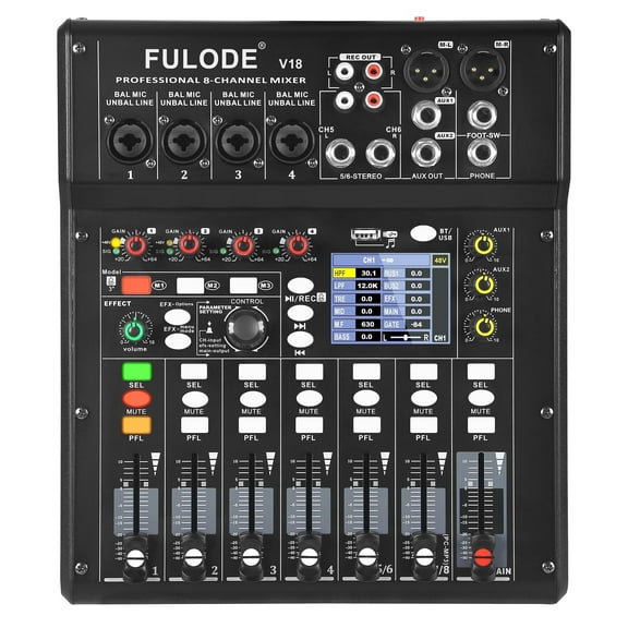 Digital Mixer 8 Channel Compact Audio Mixing Console with 16 DSP Effects, Professional 6-Band EQ DJ Music Sound Mixer with 2.0 USB Port, Bluetooth & PC Debugging for Recording Live Performance