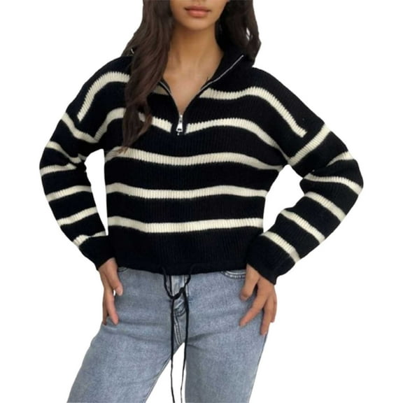 Womens Striped Sweater Long Sleeve Half Zip Pullover Sweatshirt Oversized Mock Neck Loose Top Winter Fashion Clothing (Black Free Size)