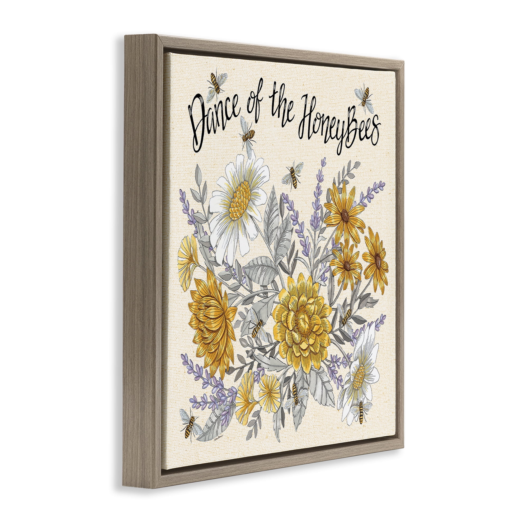 Stupell Industries Dance of Honeybees Plants & Flowers Painting Brown Floater Framed Canvas Art Print Wall Art, 18 x 18