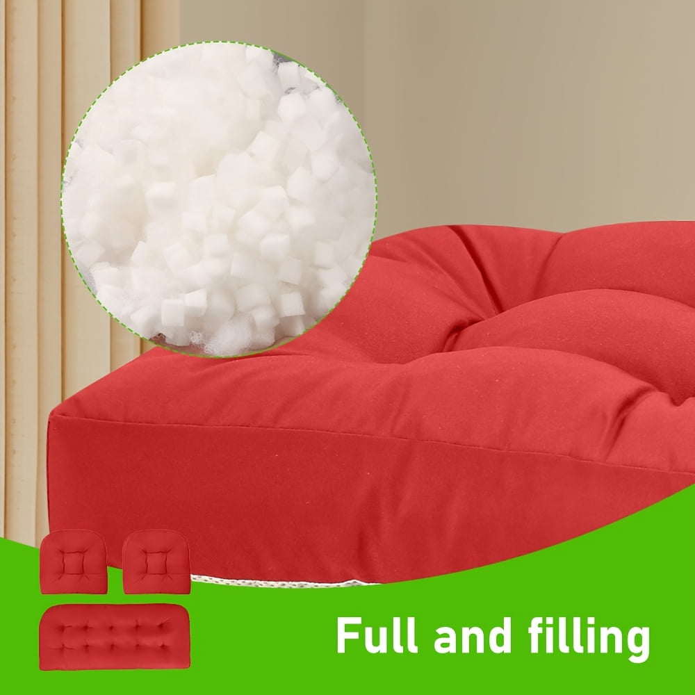 Outdoor/Indoor All Weather Tufted Wicker Chair Cushions of 3 Pieces（2-19*19*4in+1-44*19*4in）, 1 Loveseat and 2 U-Shape Waterproof Cushions for Patio Furniture,Wicker Loveseat,Bench-Red