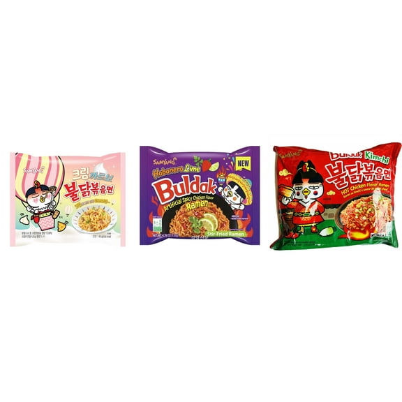3 Packs Samyang Korean Artifical Spicy Chicken Stir Fried Ramen Roasted Noodles 3 Different Flavors (Creamy Carbonara,Habanero Lime,kimichi) Plus NineChef Brand Long Handle Coffee Spoon