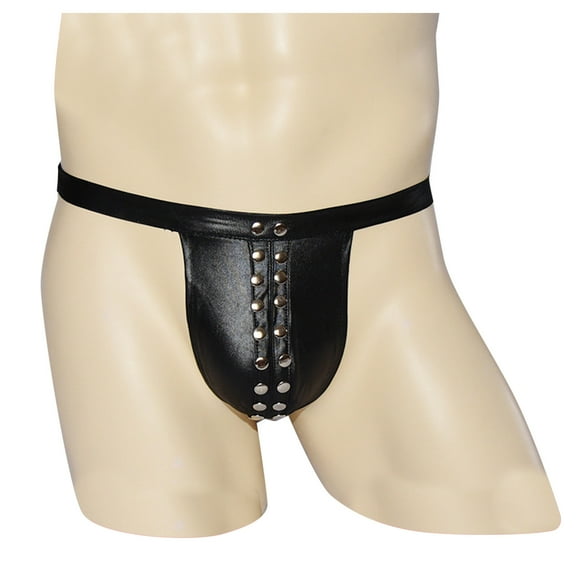 ZQUUVOU Men's Briefs Leather with Rivets T String Thongs Underwear (Black,Free Size)