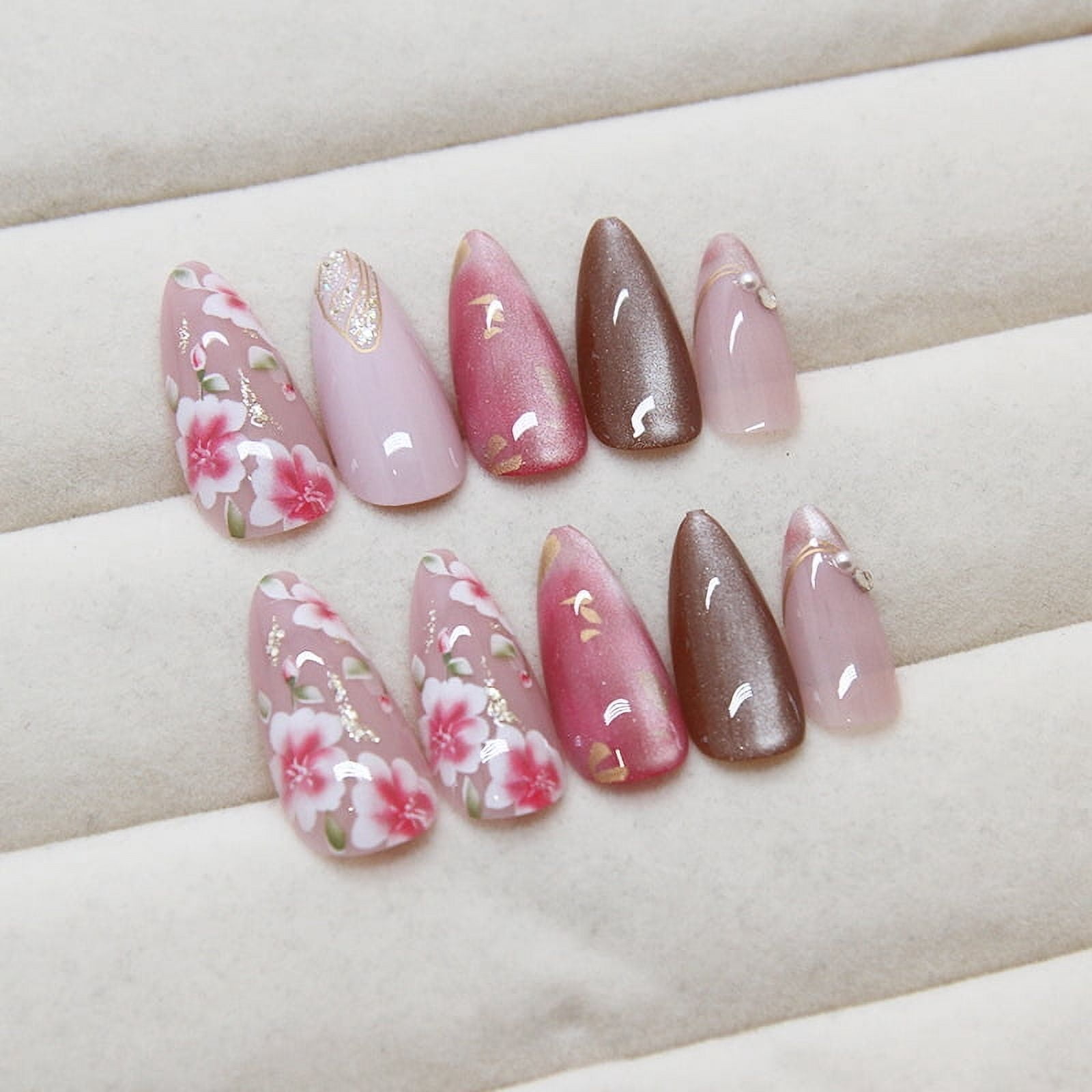 24Pcs Peach Blossom Press on Nails Cat's Eye Nude Glitter False Nail for Women&Girl Spring and Summer Detachable Wearable Nail