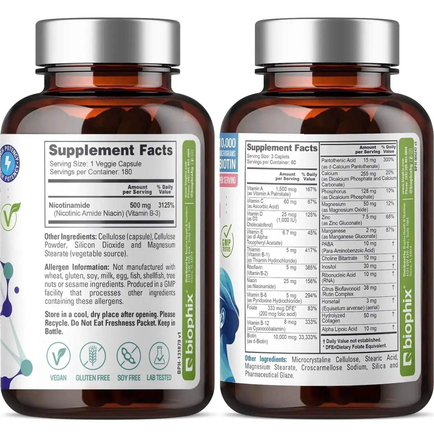 biophix B-3 Nicotinamide 500 mg 180 Vcaps - Hair Skin and Nails 180 Caplets 10000 mcg Biotin - Skin Kit - Nicotinic Amide Niacin Natural Flush-Free Vitamin Formula - Supports Skin Cell Health