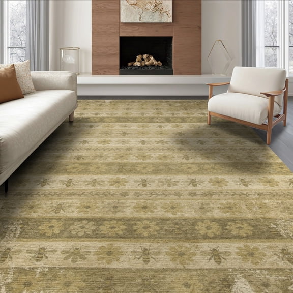 ODIKA 8'x10' Washable Area Rug Non-Slip Chair-Friendly Mat Farmhouse Stripes Distressed Border Scroll Motif Boho Vintage Flowing Dynamic for Dining Room, Large Office, Lounge