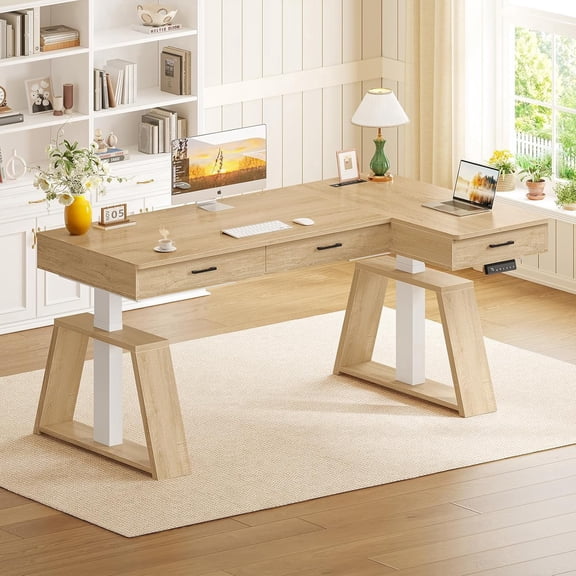 SEDETA 59 Inch L Shaped Electric Standing Desk with Drawers, Executive Adjustable Motorized Sit Stand Computer Table with Power Outlets, Large Corner Gaming Desk Workstation for Home Office, Oak