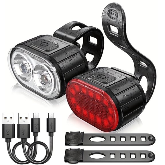 Mapskey Bicycle Lights Mountain Bike Headlight and Taillight, LED USB Rechargeable, Handlebar Mount, High Brightness for Night Riding