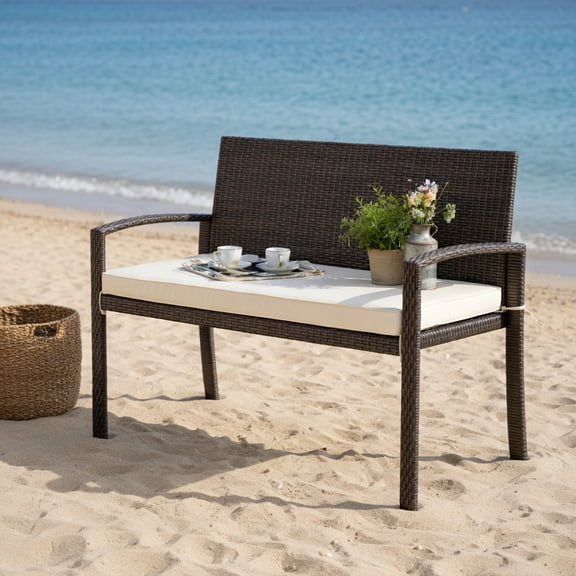 GVN Outdoor Bench, Outdoor Garden Bench,Wicker 2-Seat Bench with Soft Seat Cushion and Metal Frame-White