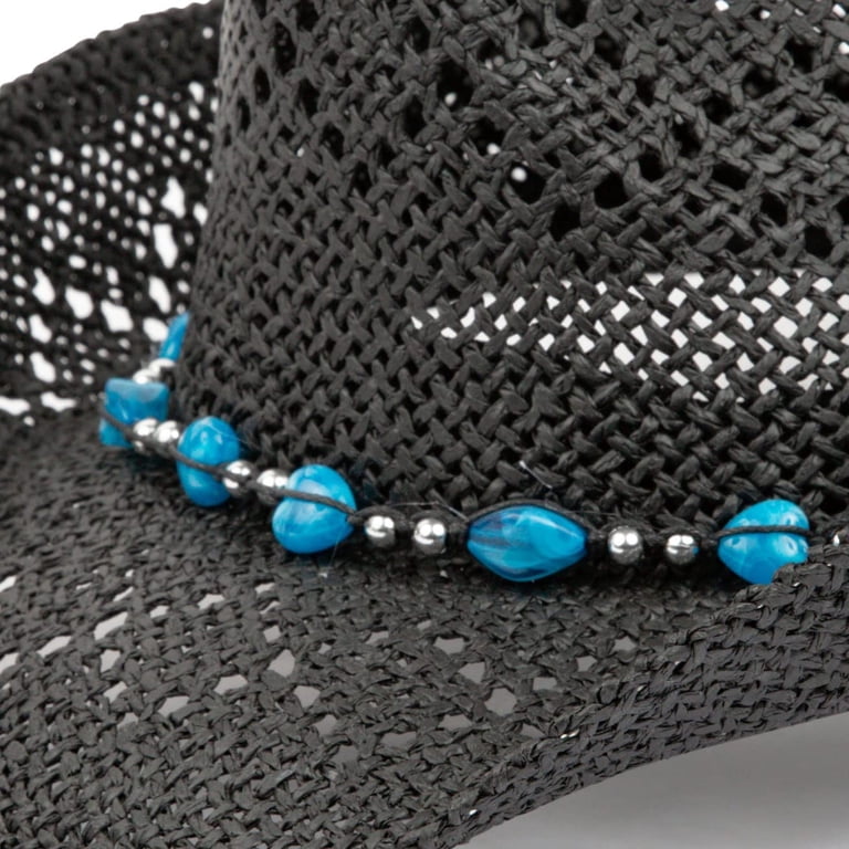 Straw Cowboy Hat for Women with Beaded Trim and Shapeable 