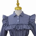 thumbnail image 6 of Women's Blue Striped Regency Style Vintage Ruffle Dress Colonial Pioneer Fashion Wear with Belt, 6 of 7